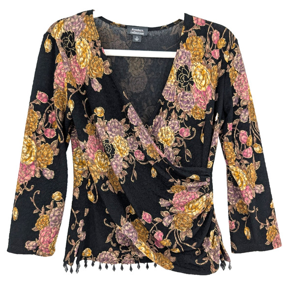 VTG Y2K Black Textured Metallic Floral Bead Trim Boho Whimisigoth Faux Wrap Top - Picture 2 of 12